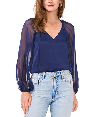 1.STATE Women's Chiffon-Sleeve V-Neck Blouse - Macy's | Macy's