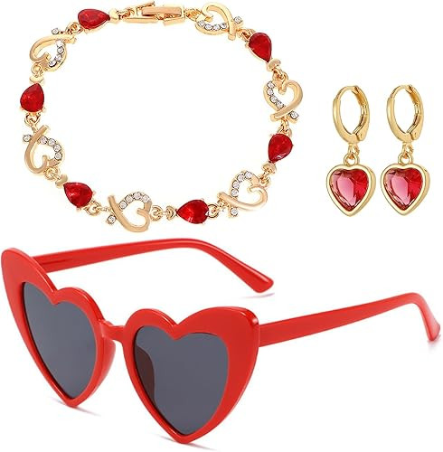 Valentines Accessories for Her - Red Silver Bracelet, Heart Earrings for Women, Red Sunglasses, G... | Amazon (US)