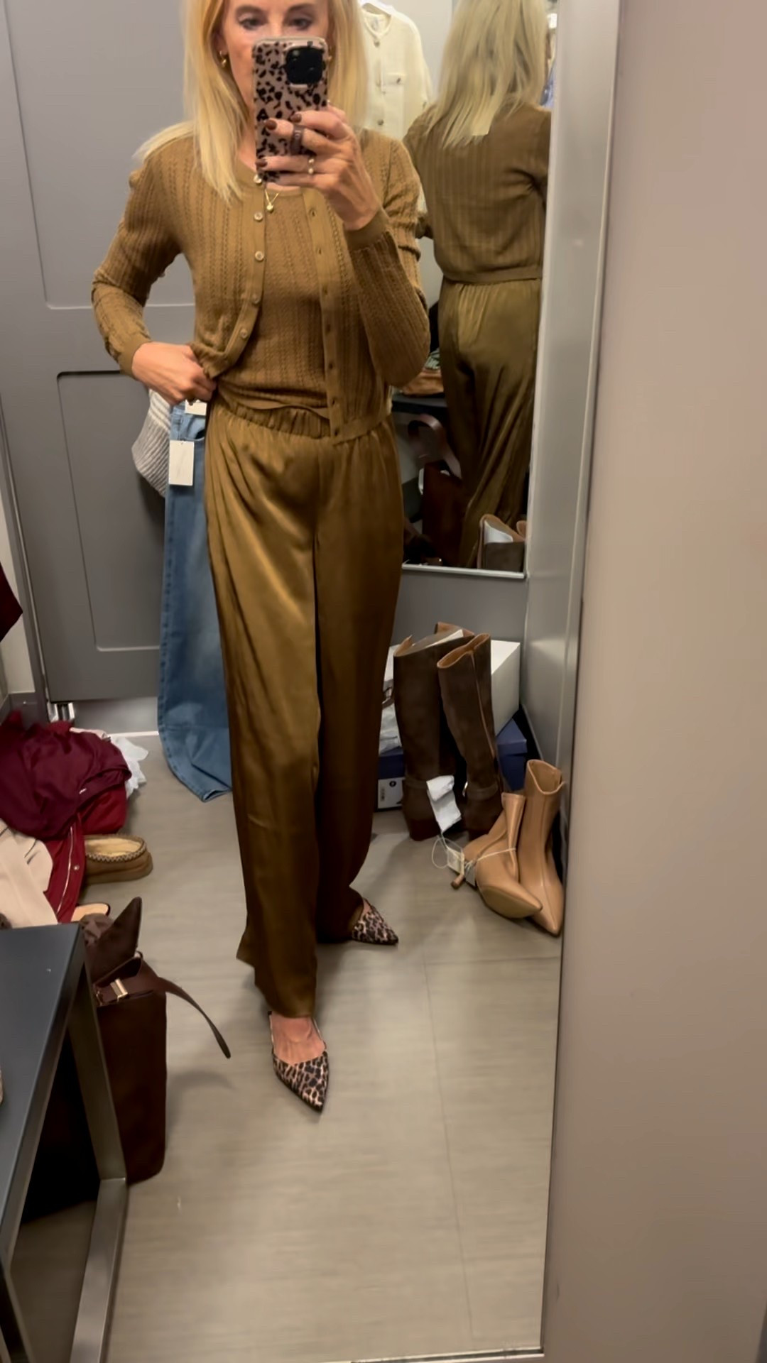 Holiday outfit from #Target. Satin pants, loose knit cami and matching cardigan, leopard kitten heel mules. #christmasoutfit 

#LTKPetite #LTKHoliday #LTKFindsUnder50