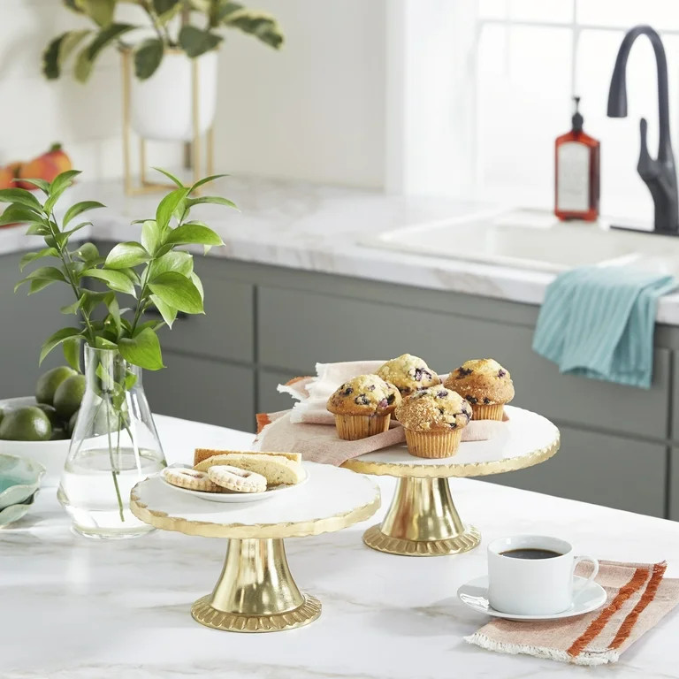 DecMode 12", 10"W White Marble Cake Stand with Gold Base, 2-Pieces | Walmart (US)