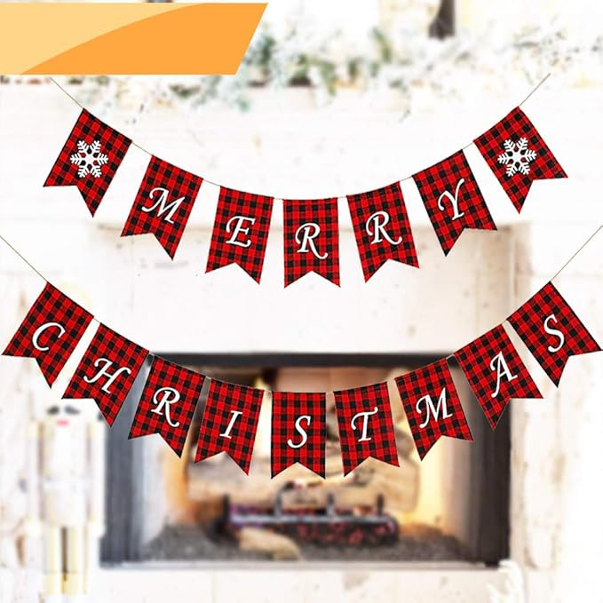 Jolik Merry Christmas Banner with Two Snowflake Flags - Buffalo Plaid Banner Decoration for Firep... | Amazon (US)