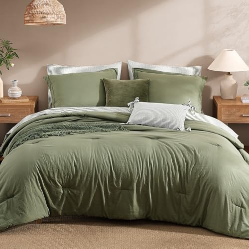 Monbix Queen Comforter Set - 7 Pieces Olive Prewashed Bed in a Bag Queen Bedding Sets with Comforters, All Seasons Ultra Soft Comforter Bed Set with Sheets,Pillowcases & Shams | Amazon (US)