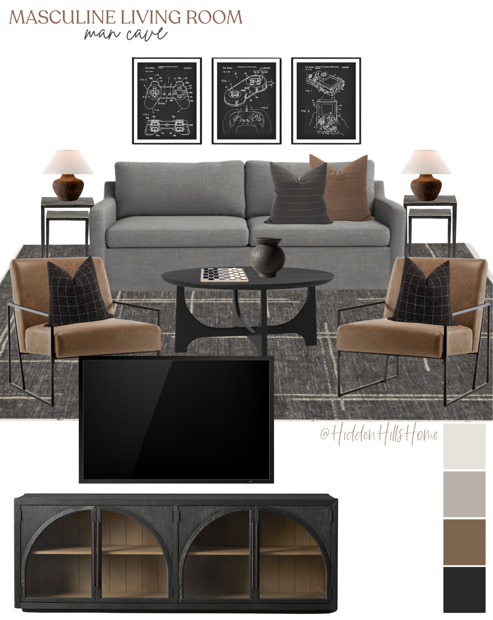 Masculine living room man cave, man cave decor ideas, bachelor pad living room, game room, masculine home decor mood board #mancave 

#LTKmens #LTKhome #LTKsalealert