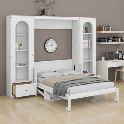 Queen Size Murphy Bed With Storage Shelves, Horizontal Murphy Bed With Storage Cabinets Drawers And LED Light | Wayfair North America