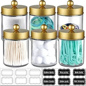 6 Pack Apothecary Jars Bathroom Vanity Organizer- Rustic Farmhouse Decor Storage Canister with St... | Amazon (US)