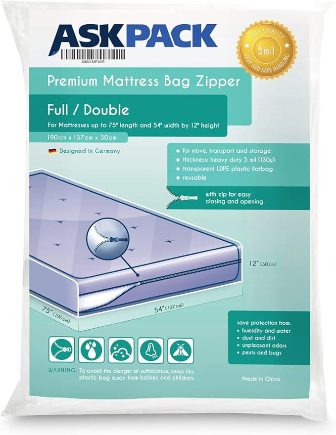 Full/Double XL - Mattress Bag Enhanced with Zipper 5 mil Extra Thick for Moving & Long-Term Stora... | Amazon (US)