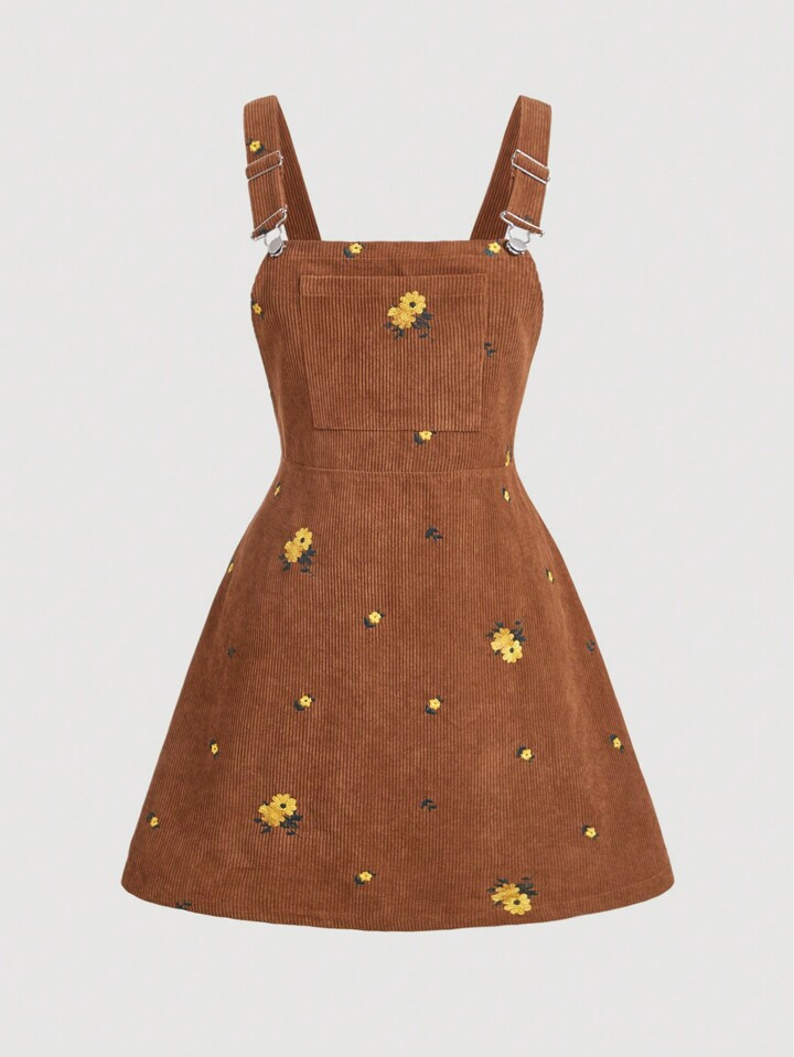 SHEIN MOD Plus Size Vintage Corduroy Embroidered Floral Pinafore Dress, Summer | SHEIN