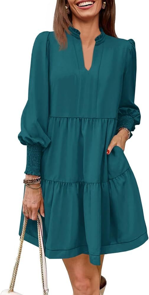 Imily Bela Womens Fall Long Sleeve Tunic Dress Casual V Neck Tiered Dress | Amazon (US)