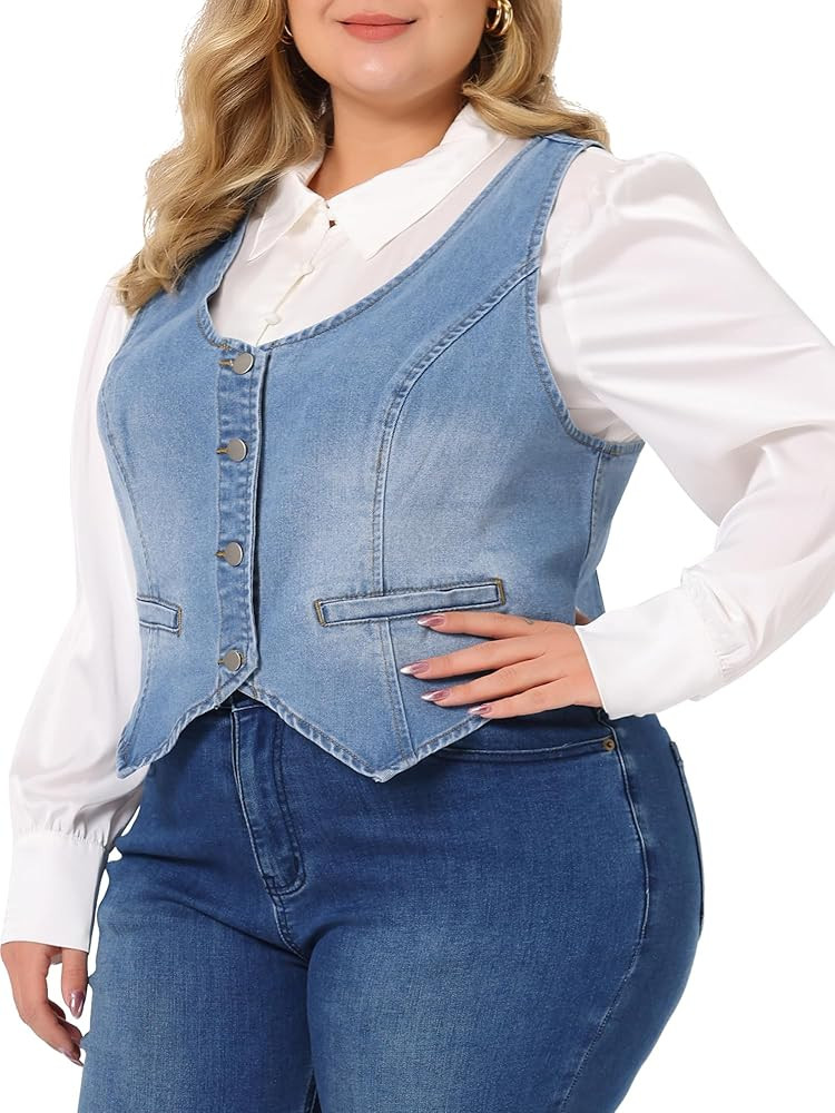 Agnes Orinda Plus Size Denim Vests for Women Vest Tops Button Down Jean Waistcoat Casual Sleevele... | Amazon (US)
