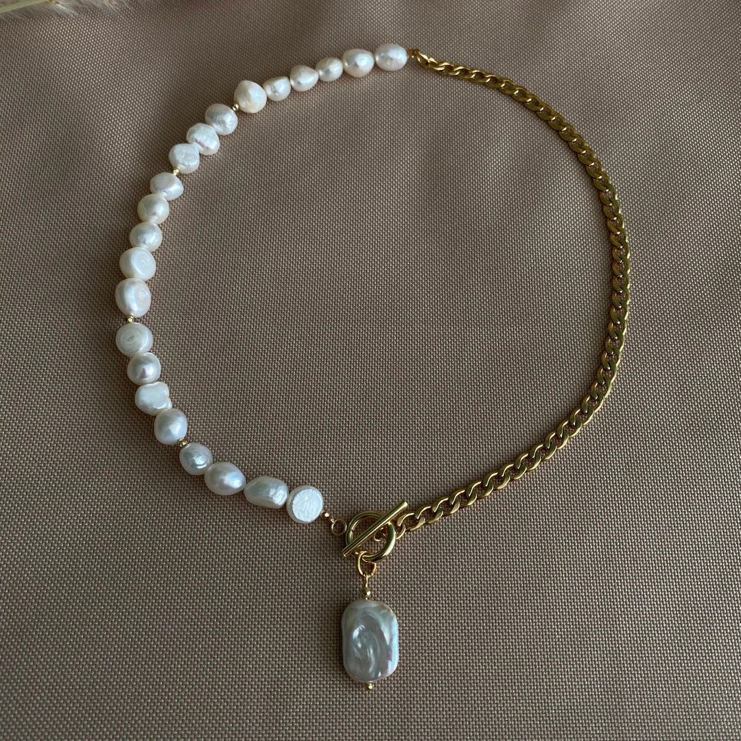 Half Gold Half Pearl Necklace, Pearl Choker Gold Chain, Pearl Necklace Charms, Half Pearl Half Ch... | Etsy (US)