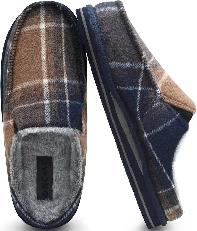 ONCAI Mens Slippers with Arch Support Stripe Faux Fur Cotton-Blend High-Density Memory Foam Warm ... | Amazon (US)