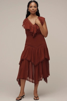 By Anthropologie Short-Sleeve V-Neck Ruffle Midi Dress | Anthropologie (US)