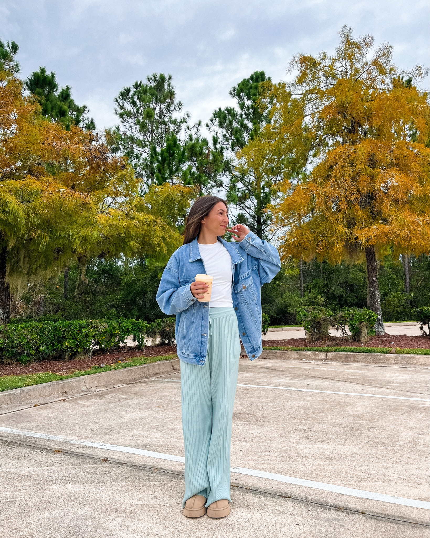 Fall Outfit Idea Inspo, Pumpkin Patch Outfit Idea, Fall Aesthetic, Chunky Oversized Denim Jacket, Grey Bandit Viral Knit Pants, Ugg Tazz Platform Slippers Mustard Seed, Starbucks Ices Pumpkin Cream Chai Tea Latte, Fall Leaves

#LTKstyletip #LTKSeasonal
