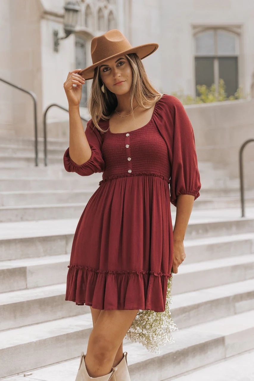 Wine Balloon Sleeve Mini Dress | Magnolia Boutique | Magnolia Boutique