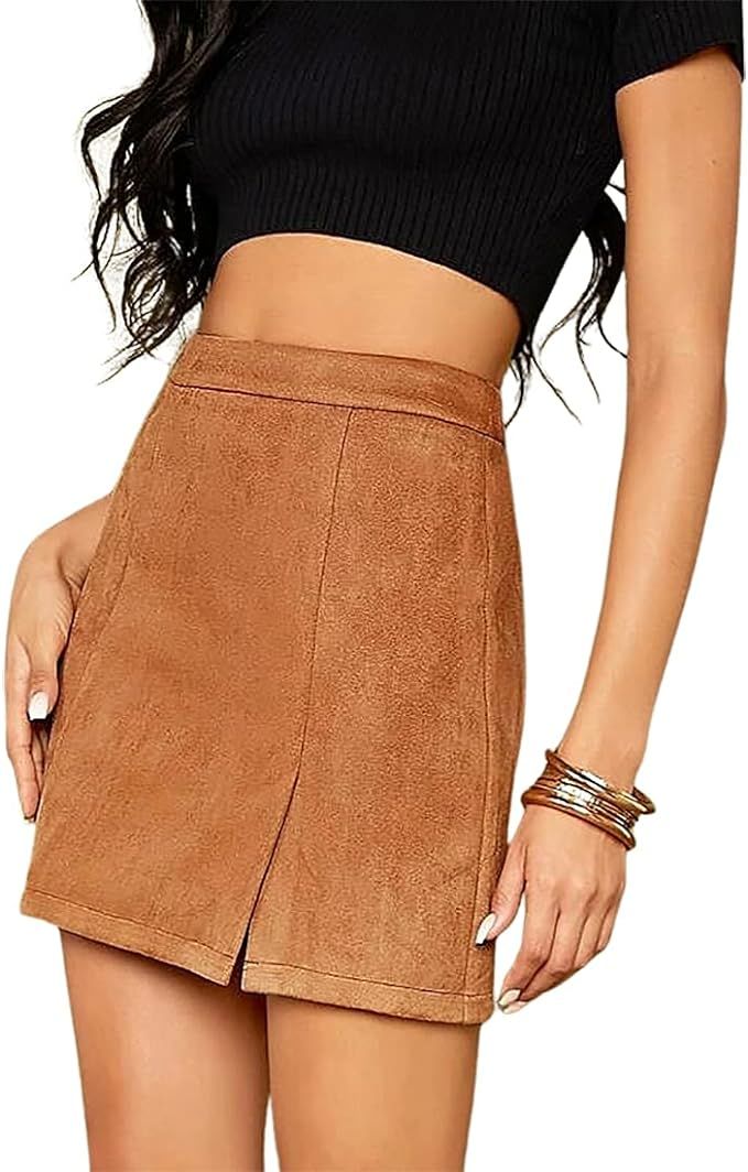 VNDFLAG Women's High Waist Faux Suede Side Split Bodycon Short Mini Skirt | Amazon (US)