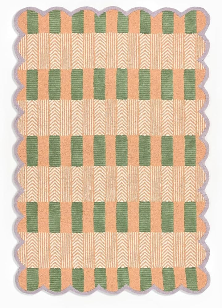 Handmade Scalloped Wool Area Rug - Modern Geometric Pattern, Green-Beige Stripes, Checkered Chevr... | Amazon (US)