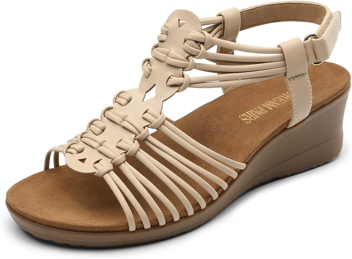 DREAM PAIRS Women's Comfortable Strappy Low Heel Open Toe Slip-On Wedge Sandals Arch Support for ... | Amazon (US)