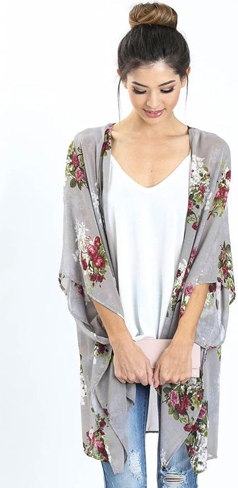 ECOWISH Womens Kimono Cardigan Floral Print Sheer Capes Loose Cardigans Cover Up Blouse Tops | Amazon (US)