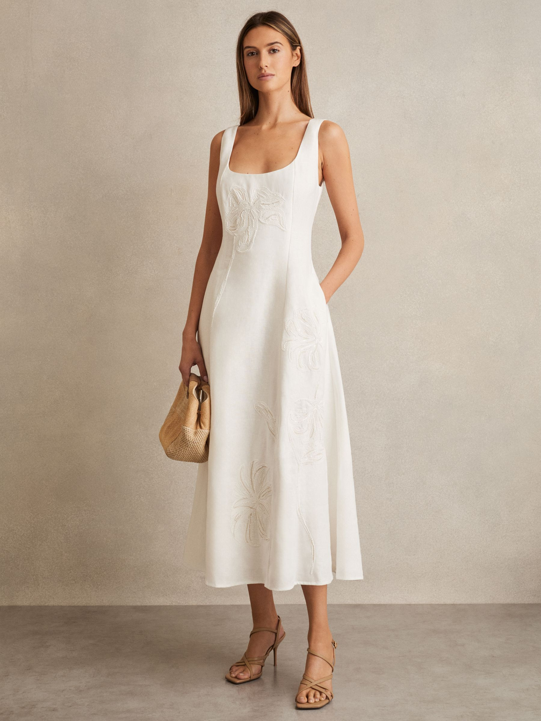 Linen Floral-Embroidered Midi Dress in Ivory | Reiss UK