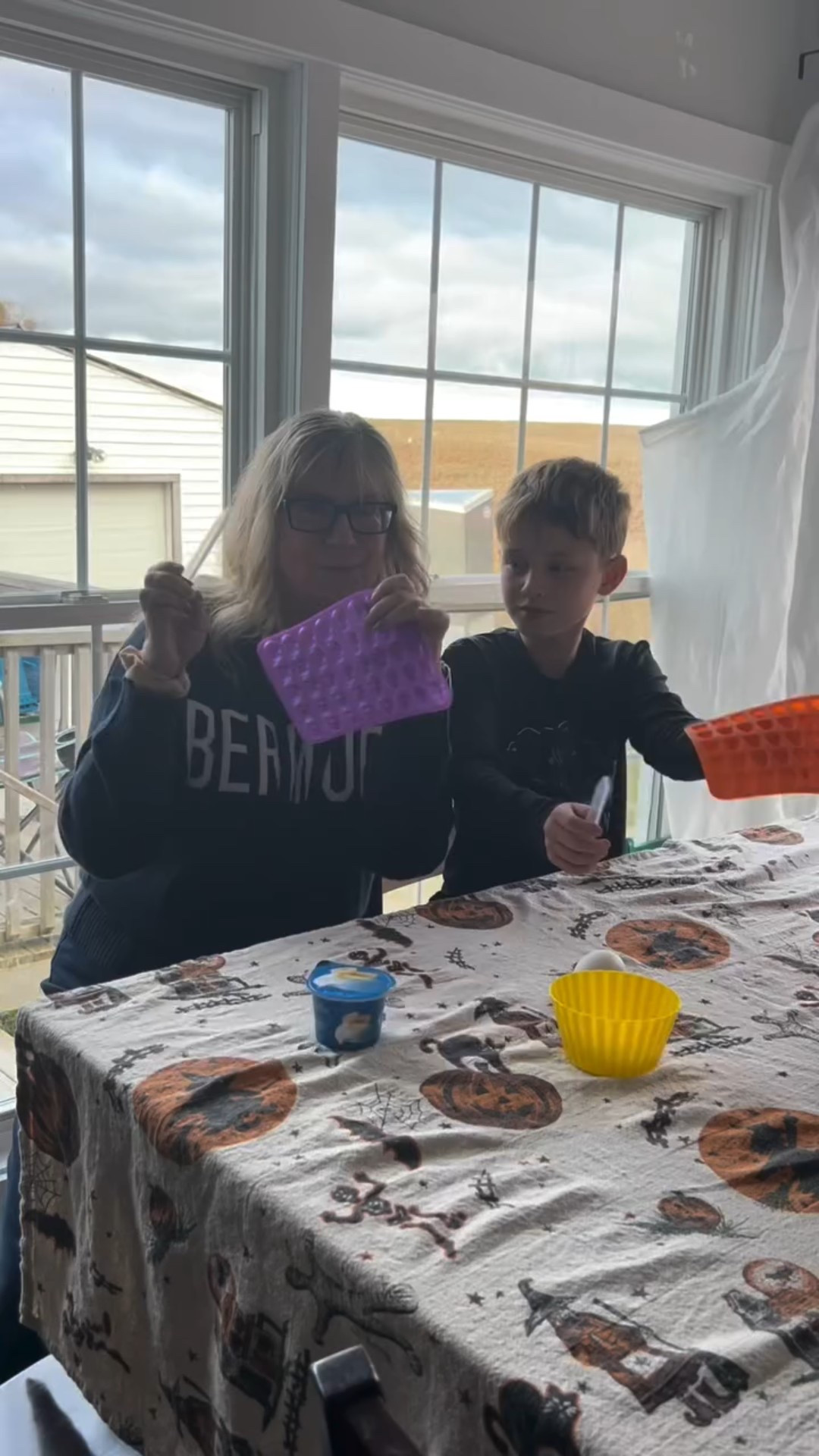 Halloween breakfast skulls times two. We made baked skull egg bites for Seb and Big B. And of course frozen yogurt banana bites for Evie.

Seb did the heavy lifting but Evie was there for the big reveal. A simple and easy breakfast treat the kids will love. 

Egg bites in the mini skull tray. Bake 10 minutes at 350. The large tray too 15 minutes. Just scramble the egg, fill the tray and bake. 

The yogurt bites are simply yogurt any flavour frozen in the tray 

Do you create a fun breakfast? 

#skulleggs #skullmolds #halloweenbreakfast #halloweentreats #skullsofinstagram #ottawaliving #ottawalifestyle #kidshalloween #kidshalloweenfun #sackvillenb #grandkid