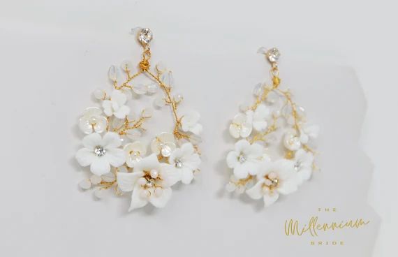 Swarovski Ceramic White Flower Sparkling Crystal Long Bridal Jewelry Crystal Bridal Earrings Stat... | Etsy (US)
