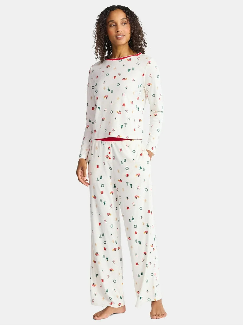 Christmas Women's and Women's Plus Long Sleeve Top and Wide Leg Pants Pajama Set from Holiday Tim... | Walmart (US)