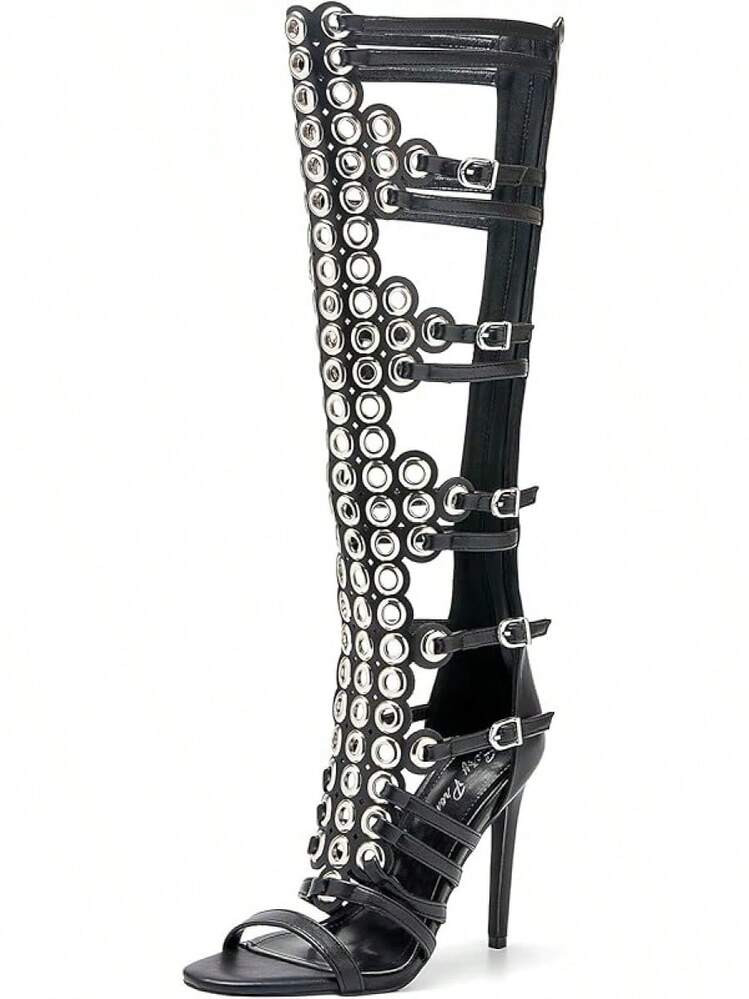 Women's 4.3IN Hollow Open Toe Knee High Boots Metal Buckle Stiletto Heels Nightclub Wedding Shoes | SHEIN
