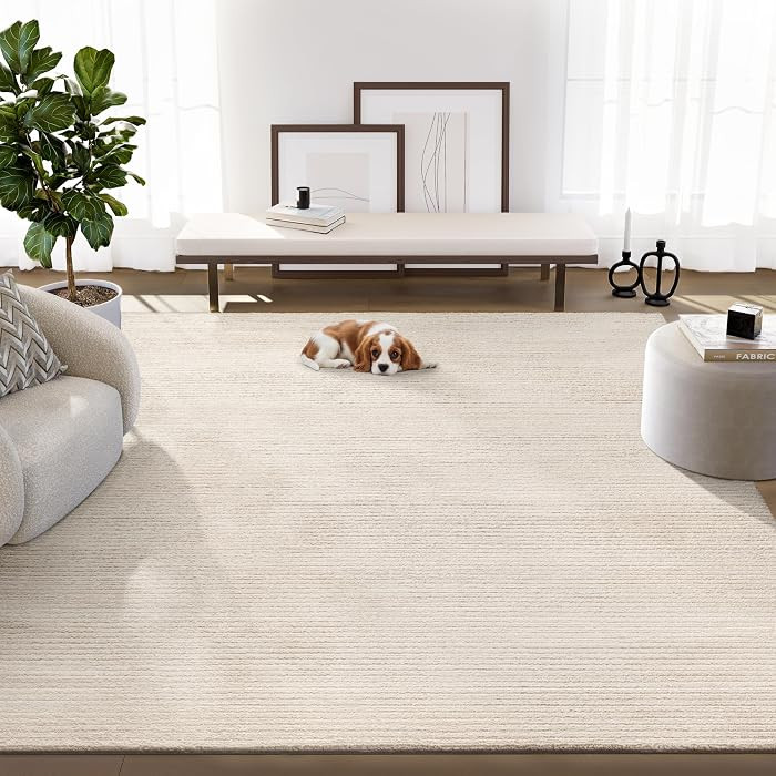 Abani Plush Deco Collection Cream Area Rug, 8' x 10' – Textured Stripe Design, Machine Washable... | Amazon (US)