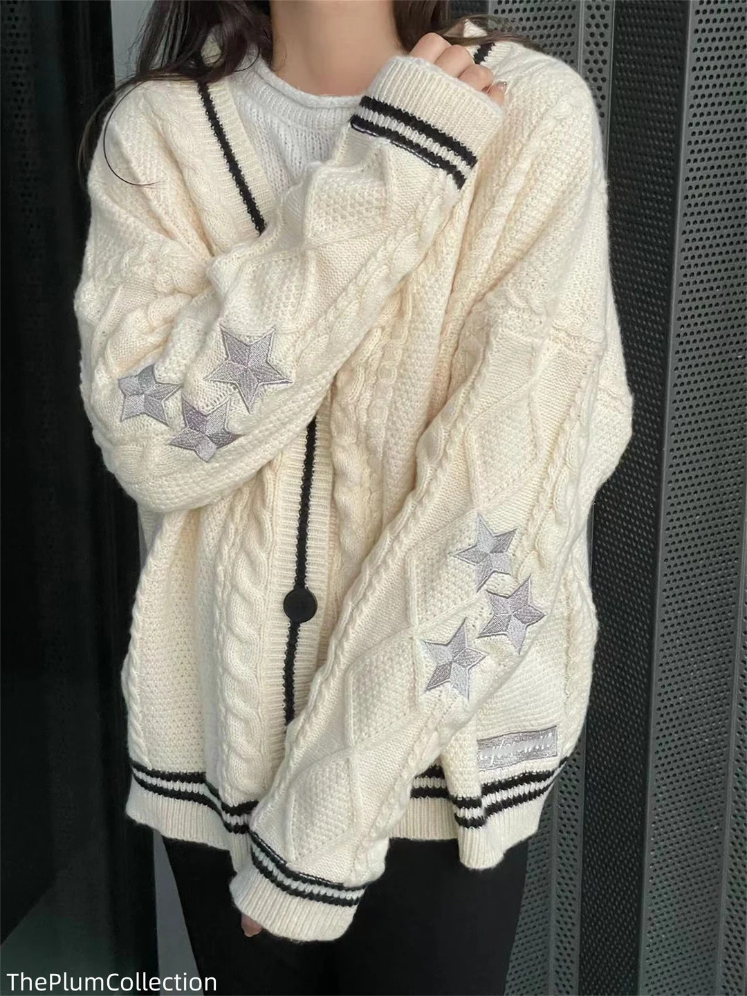 Folk Cardiganbeige Star Embroidered Cardiganoversized Cute - Etsy | Etsy (US)