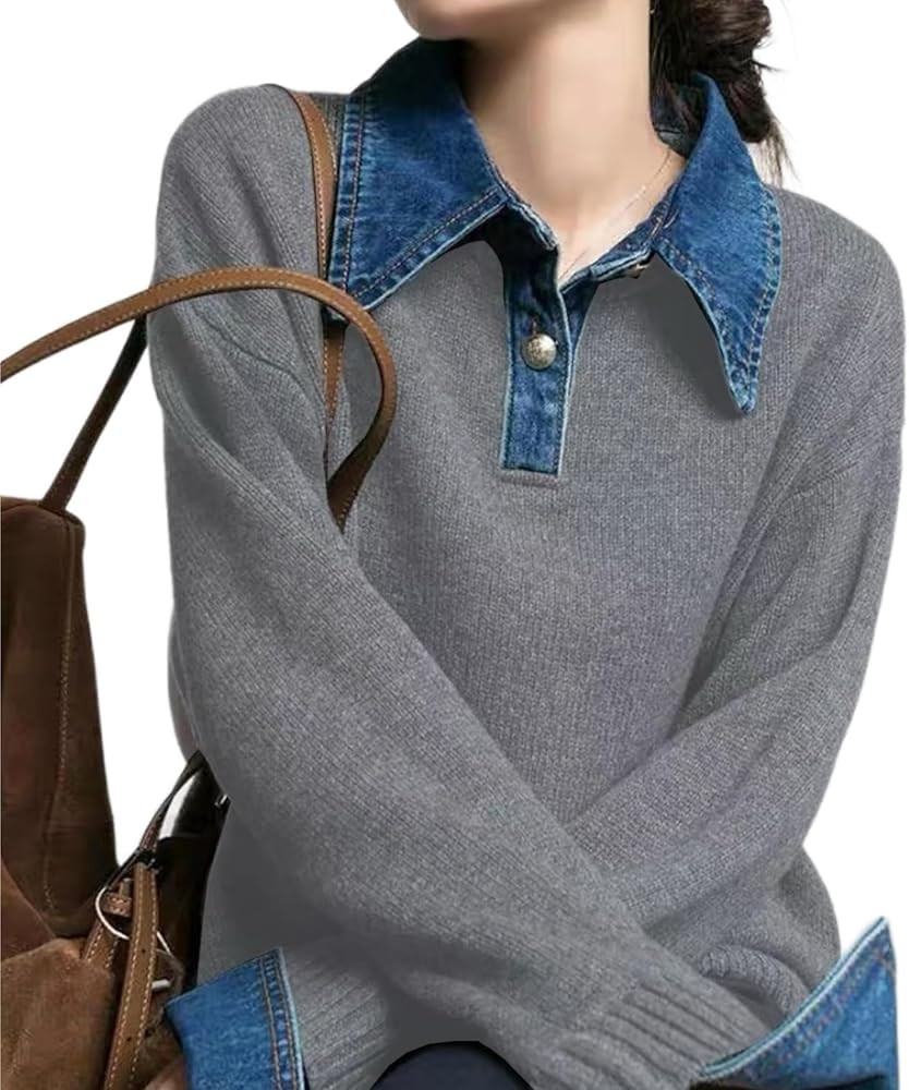 Womens Oversized Pullover Sweaters Long Sleeve Denim Panel Lapel Buttoned Loose V Neck Knit Sweat... | Amazon (US)