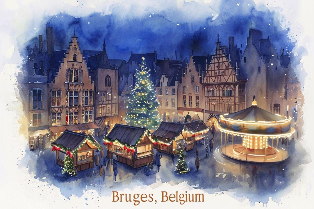 Bruges Belgium Christmas Market Watercolor Scene Png, European Christmas Decor, Winter Travel Pri... | Etsy (US)