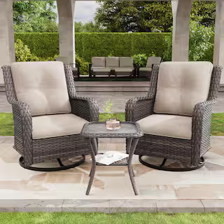 JOYSIDE 3-Piece Wicker Patio Swivel Outdoor Rocking Chair Set with Beige Cushions and Table M01-B... | The Home Depot