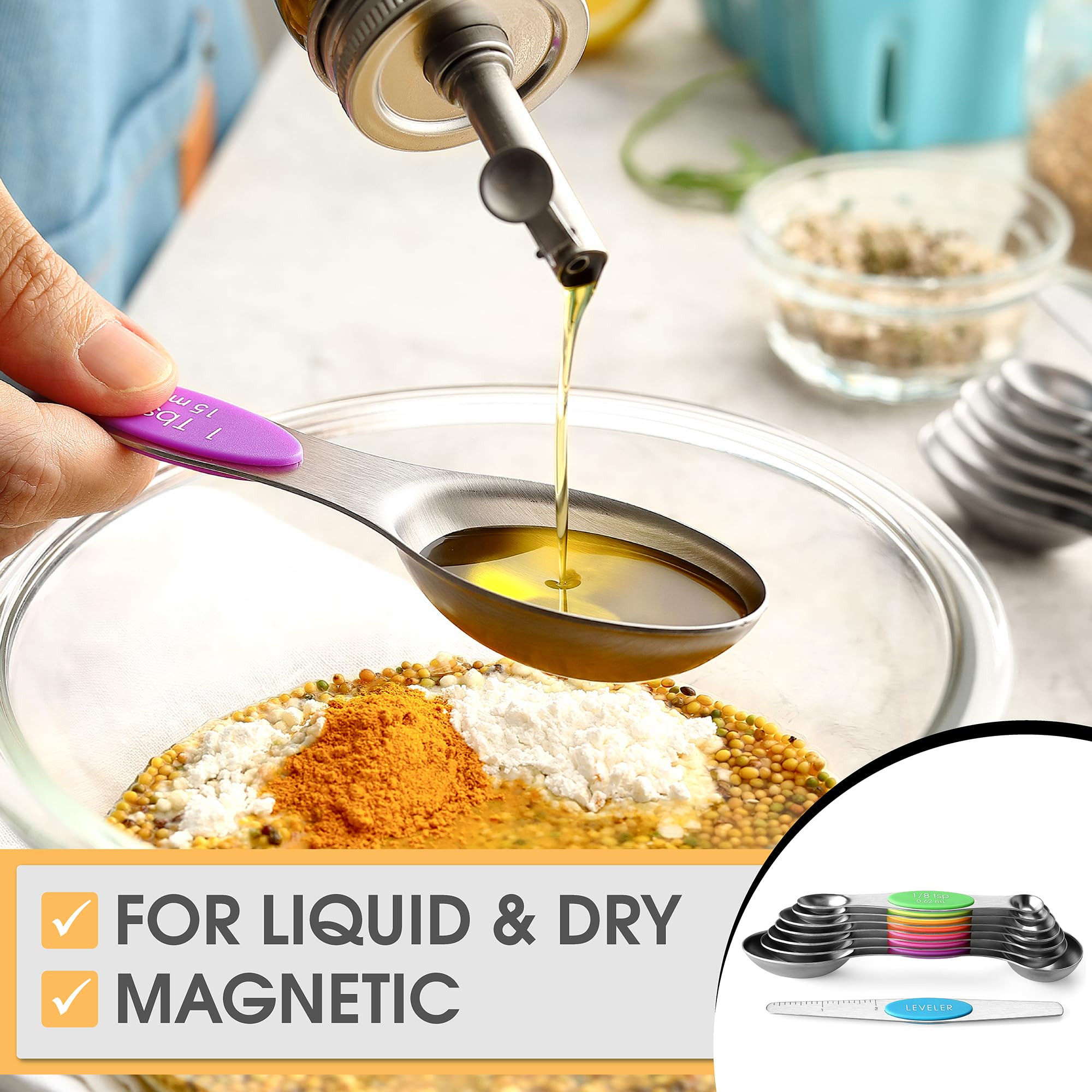 Spring Chef Stainless Steel Magnetic Measuring Spoons Set of 8 with Leveler, Nesting Metal Teaspo... | Amazon (US)