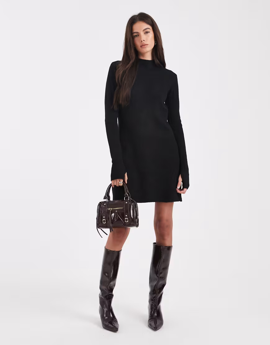 PIECES long sleeve knit mini dress in black | ASOS (Global)