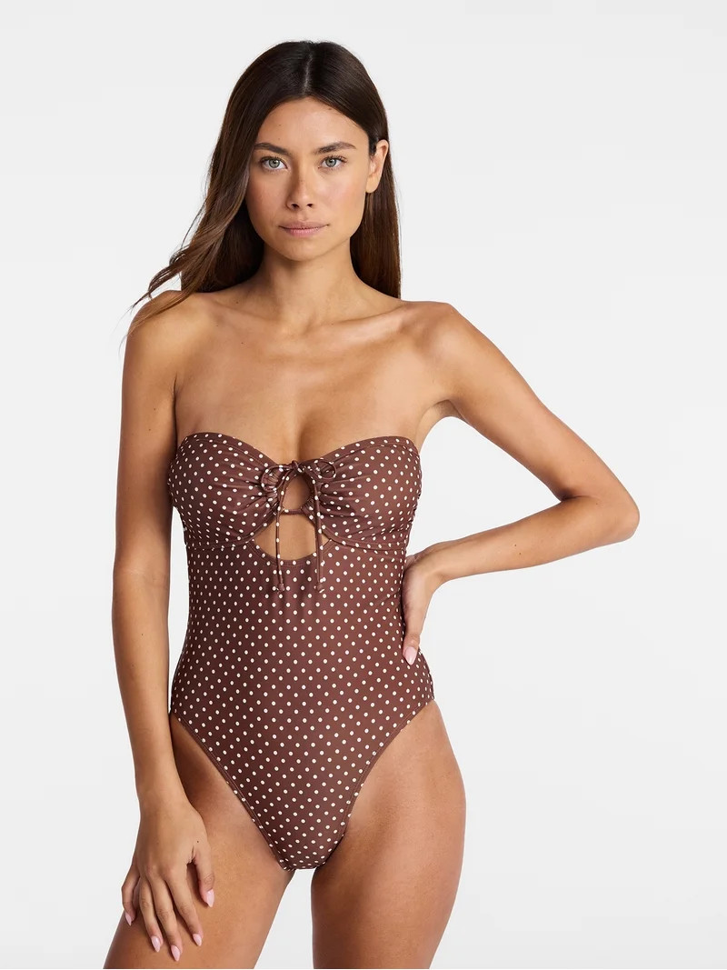No Boundaries Polka Dot Tie Front Bandeau One Piece Swimsuit, Women's XXS-XXL | Walmart (US)