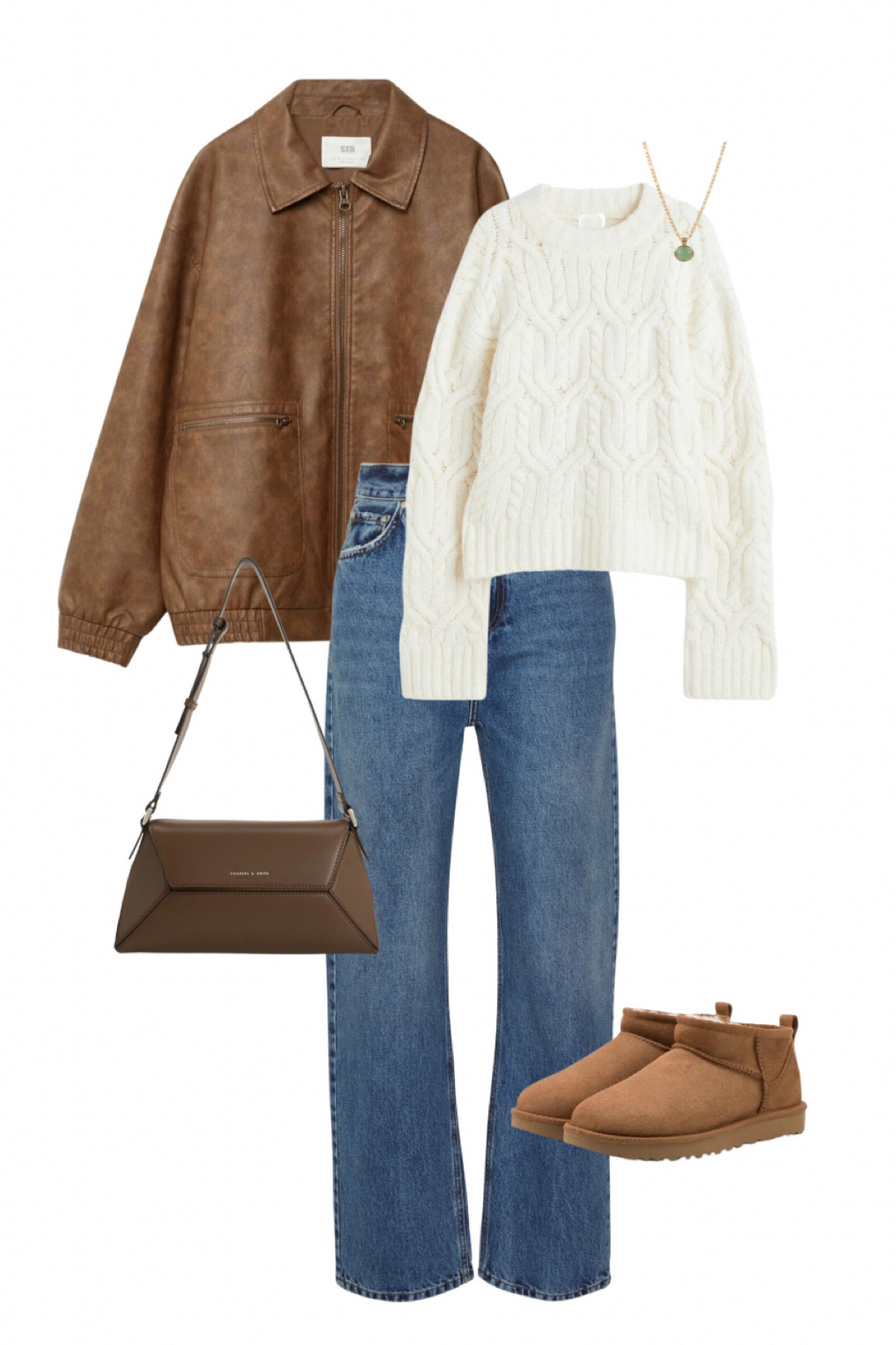 Cozy fall outfit inspo: a brown leather bomber jacket, cable knit jumper, denim jeans, a brown bag, mini uggs & a dainty gold and green necklace.

#LTKitbag #LTKstyletip #LTKSeasonal