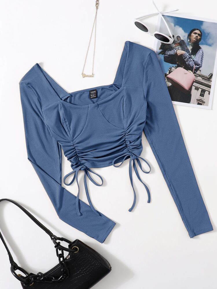 Solid Rib Drawstring Hem Tee | SHEIN