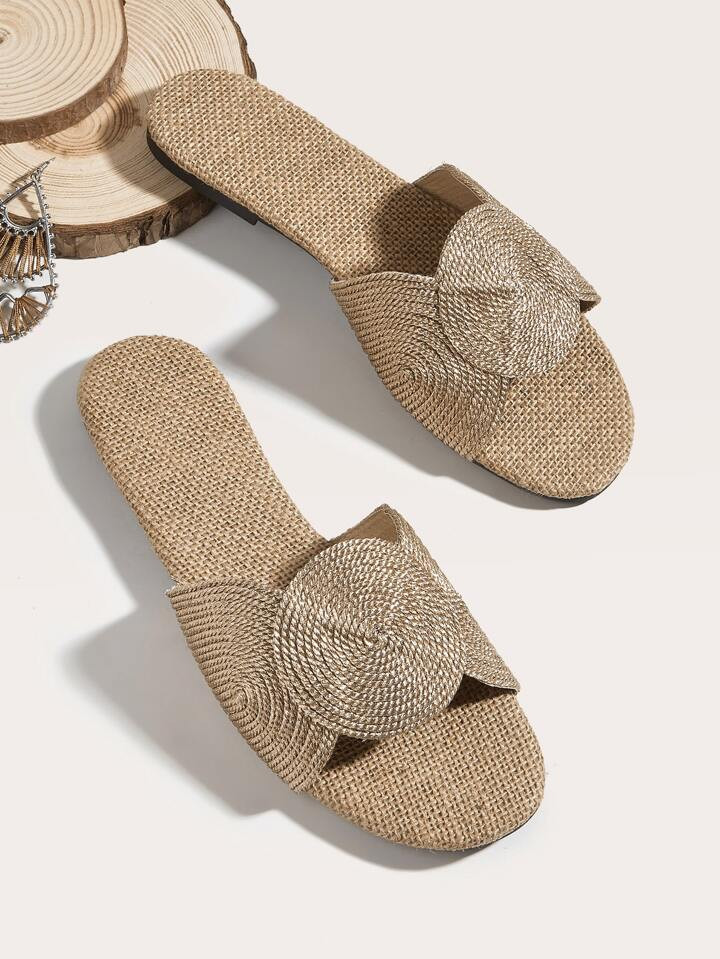 Women Round Decor Woven Design Slide Sandals,  Fashionable Outdoor Fabric Flat Sandals | SHEIN