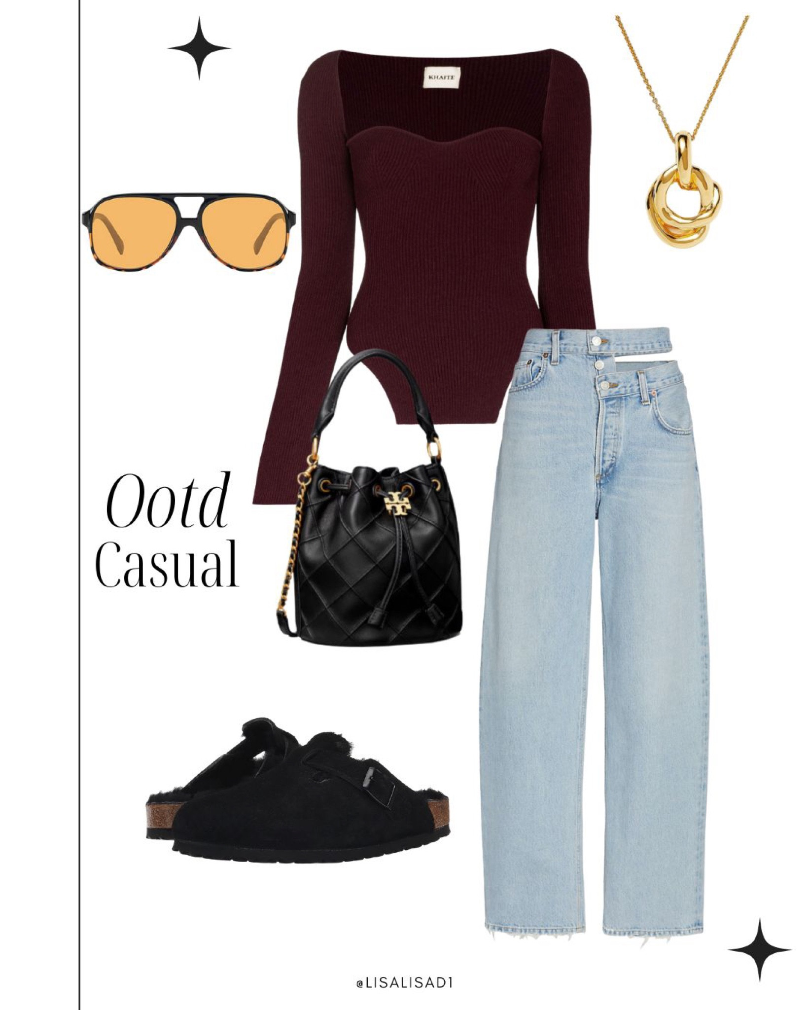 Ootd! Khaite top- but linking an amazing Amazon dupe! Agolde jeans, Amazon sunglasses, Tory Burch bucket bag, Birkenstocks, Missoma necklace 