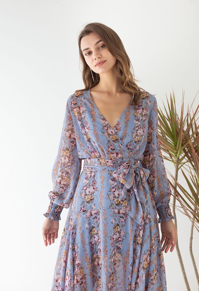 Flower Vines Printed Dots Jacquard Wrap Dress in Blue | Chicwish
