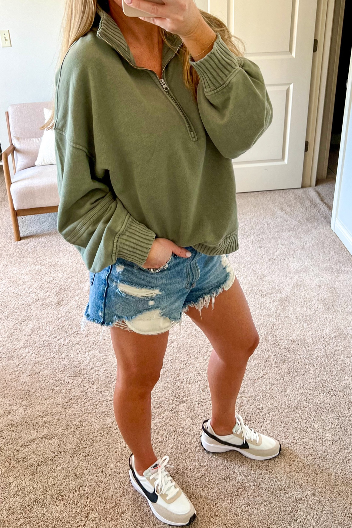 Cozy Weekend outfit! Oversized pullover sweatshirt, cutoff denim shorts, nike sneakers.  #weekendoutfit #falloutfit #momoutfit #comfortable #casualoutfit

#LTKSaleAlert #LTKOver40 #LTKFallSale