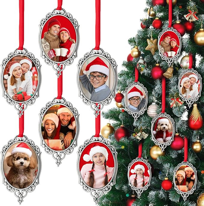 12 Pcs Christmas Photo Ornaments Silver Small Christmas Hanging Picture Frames Vintage DIY Photo ... | Amazon (US)