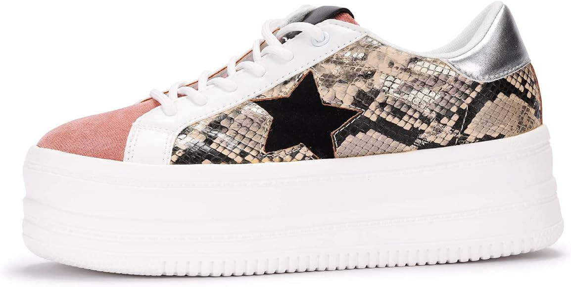 BELOS Fashion Platform Women Sneakers Faux Suede Stars Holographic Rainbow Walking Shoes | Amazon (US)