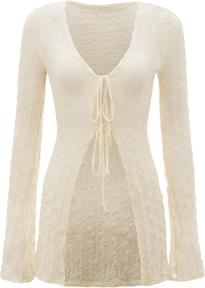 WDIRARA Women's Sheer Mesh Deep V Neck Tie Front Long Sleeve See Through Top | Amazon (US)