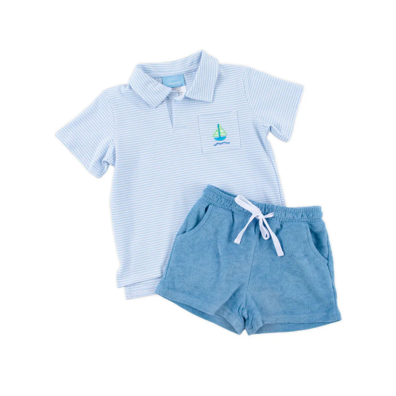 Nautical Adventure Light Blue Stripe Terry Polo Short Set | Classic Whimsy