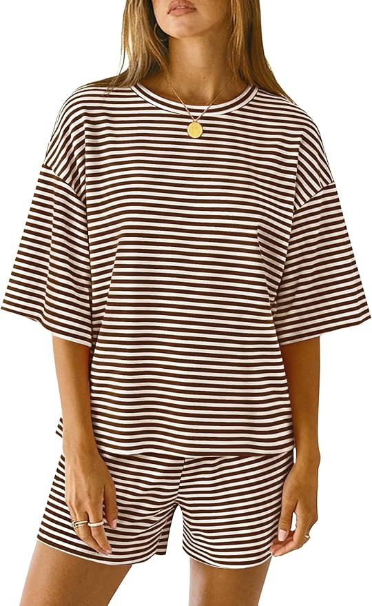LOMON Two Piece Sets for Women Summer 3/4 Sleeve Tops and Elastic Waist Shorts Pajamas Cute Comfy... | Amazon (US)