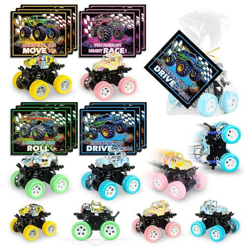 24 Pack Valentines Cards for Kids with Monster Truck Toys, Valentine's Greeting Cards for School Classroom Valentine's Gifts Exchange, Inertia Stunt Car Valentines Party Favors Prizes for Kids Boys | Amazon (US)
