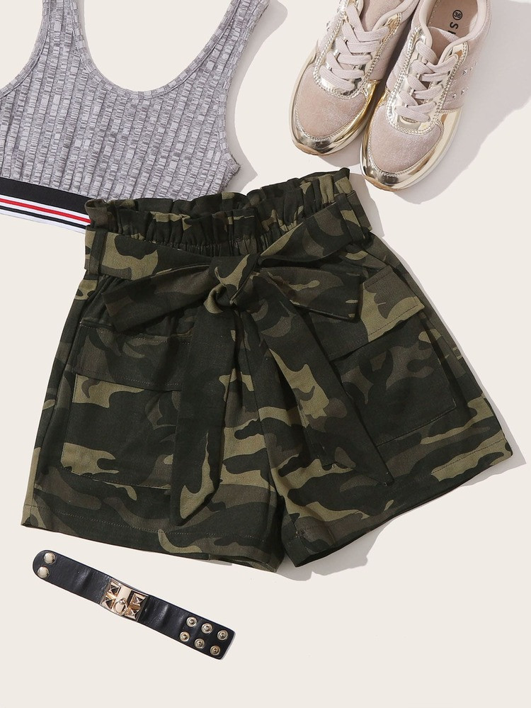Paperbag Waist Belted Flap Pocket Camo Shorts | SHEIN