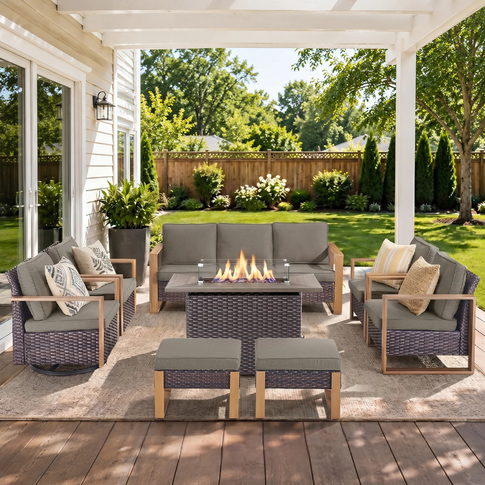 Aldiana 8-Piece Outdoor Conversation Set With Swivel Gliders And Fire Pit Table, 9-Person Wicker Patio Seating With Sofa, Armchairs & Ottomans | Wayfair North America