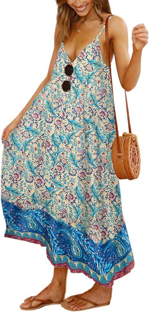 Angashion Women's Dresses Floral Adjustable Spaghetti Strap V Neck Boho Long Maxi Dress Summer Be... | Amazon (US)